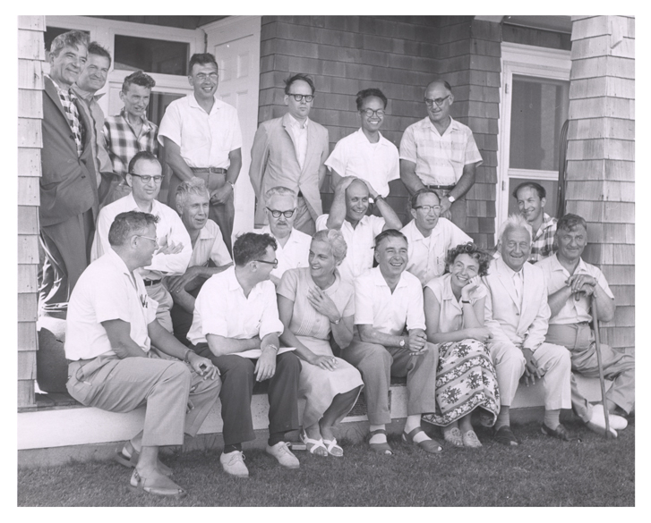Albert Szent-Györgyi (second from right in front row), with Alberte Pullman (left), Bernard Pullman (third from left in back row), 1958, Woods Hole Oceanographic Institution, USA.