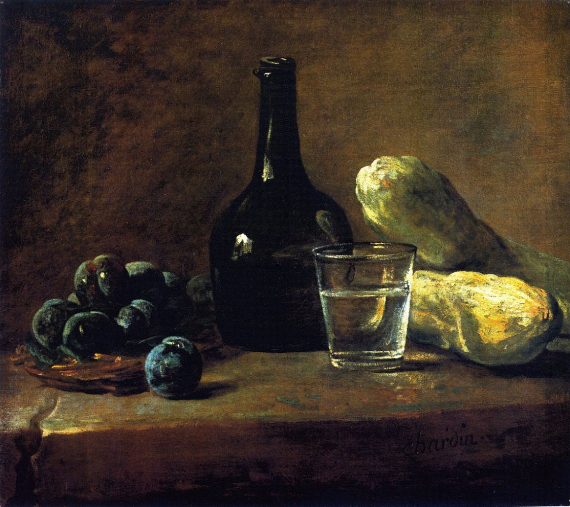 Jean-Baptiste-Siméon Chardin: Still Life with Plums, a Bottle, and a Glass of Water
